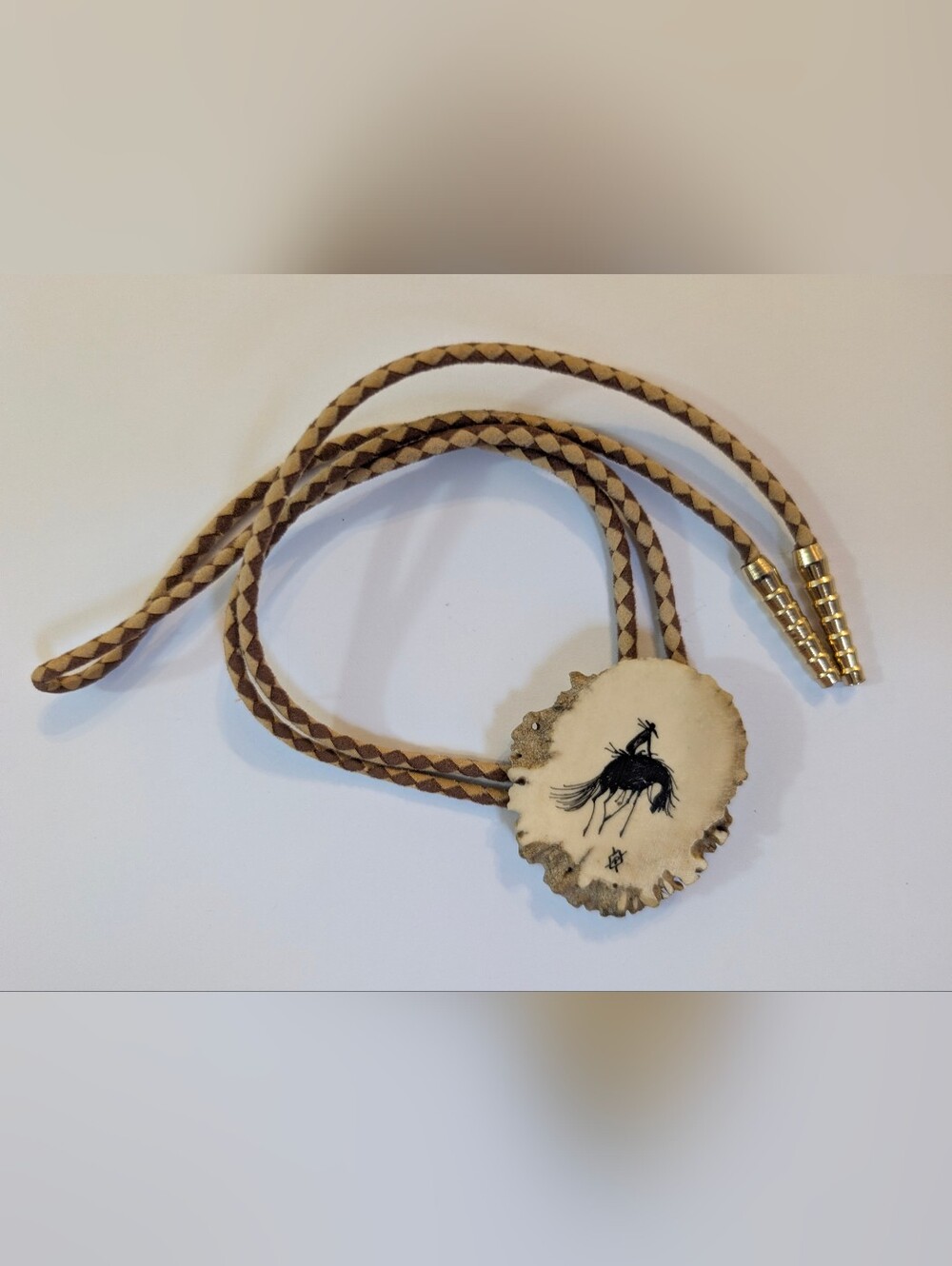 Vtg Hand Carved Antler Burt Scrimshaw Bolo Tie, Bucking Bronco Cowboy